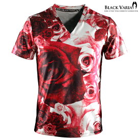 BLACK VARIA ブラックバリア blackvaria Tシャツ 花柄 バラ柄 Vネック 半袖 スポーツ 機能性素材 速乾 メンズ mens ファッション おしゃれ (レッド赤) bv04