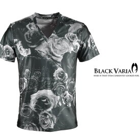 Tシャツ 花柄 バラ柄 薔薇 Vネック 半袖Tシャツ スポーツ 機能性素材 速乾 メンズ mens ファッション おしゃれ (ブラック黒) bv05