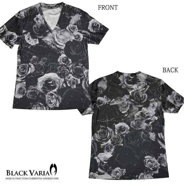 Tシャツ 花柄 バラ柄 薔薇 Vネック 半袖Tシャツ スポーツ 機能性素材 速乾 メンズ mens(ブラック黒) bv05 | BLACK  VARIA／ブラックバリア