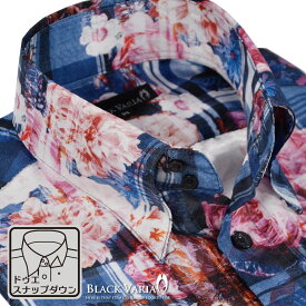 ドレスシャツ ドゥエボットーニ シャンタン チェック 花柄 薔薇 スナップダウン シャツ 日本製 mens メンズ ファッション おしゃれ (ブルー青ピンク桃) 161914