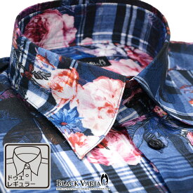 ドレスシャツ ドゥエボットーニ レギュラーカラー シャンタン チェック 花柄 薔薇 シャツ 日本製 mens メンズ ファッション おしゃれ (ブルー青ピンク桃) 161914