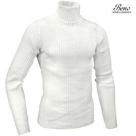 Beno タートルネック ニット リブ 無地 2重臼編み セーター シンプル mens メンズ ファッション おしゃれ (ホワイト白) 130n2752