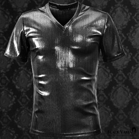 Tシャツ ランダムテレコ ラメ メンズ 日本製 Vネック 光沢 スリム シンプル 半袖Tシャツ mens ファッション おしゃれ (シルバー銀ブラック黒) 163918