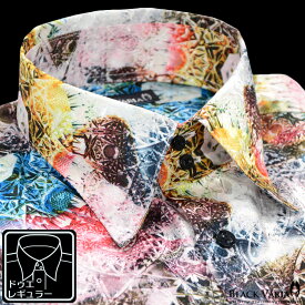 サテンシャツ ドレスシャツ 幾何学模様柄 宝石 レギュラーカラー ドゥエボットーニ 日本製 ジャガード 光沢 メンズ mens ファッション おしゃれ (ホワイト白レッド赤) 171316
