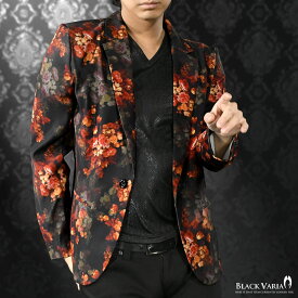 カットジャケット 花柄 薔薇 メンズ 日本製 1釦 ストレッチ 長袖 シングル ジャケット mens ファッション おしゃれ (ブラック黒レッド赤) 172750