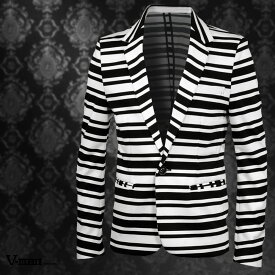 カットジャケット ボーダー メンズ ノッチドラペル シングル 1釦 長袖 ジャケット mens ファッション おしゃれ (ホワイト白ブラック黒) mb005ns