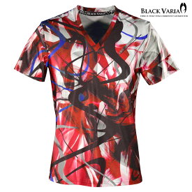 Tシャツ モダン柄 派手 ムラ 総柄 Vネック 半袖 スポーツ 機能性素材 速乾 メンズ mens ファッション おしゃれ (レッド赤) bv11