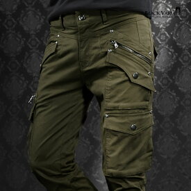BLACK VARIA ブラックバリア blackvaria カーゴパンツ ストレッチ ポケット メンズ ファスナー ブッシュパンツ 無地 ボトムス(カーキ緑) 482201