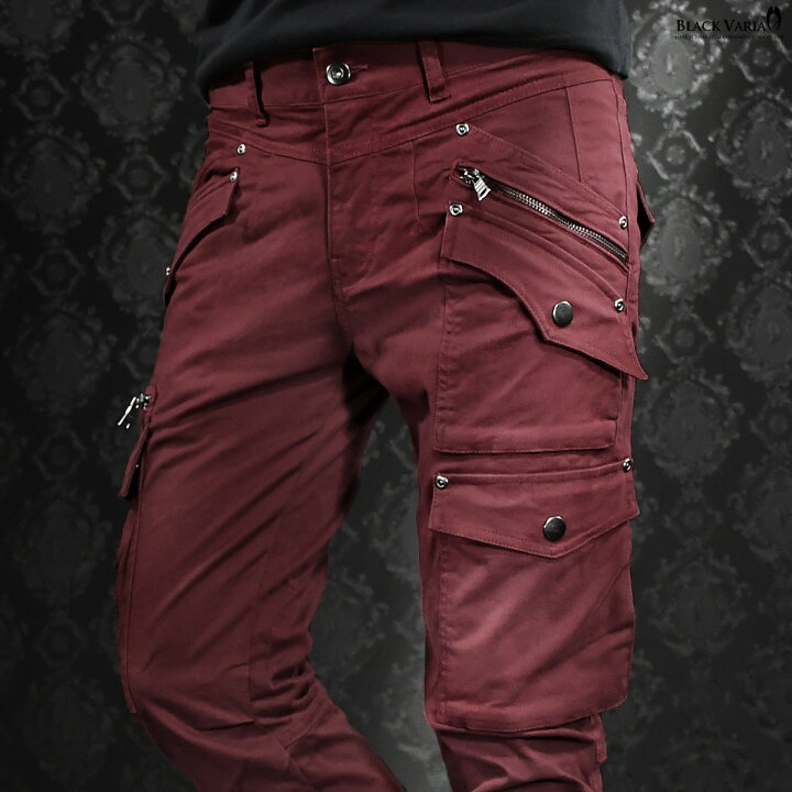 楽天市場 カーゴパンツ ストレッチ ポケット メンズ ファスナー ブッシュパンツ 無地 ボトムス Mens ワインレッド赤 41 Black Varia ブラックバリア