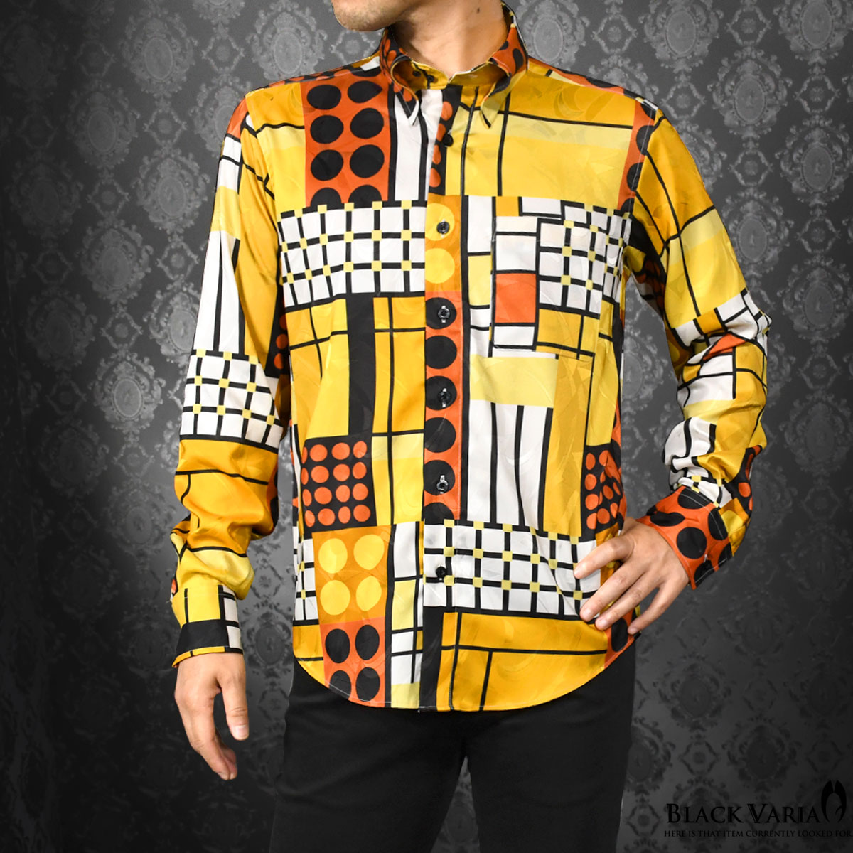 サテンシャツ ドゥエボットーニ 幾何学模様 スナップダウン ジャガード 日本製 衣装 ドレスシャツ メンズ mens(オレンジ橙) 181705 |  BLACK VARIA／ブラックバリア