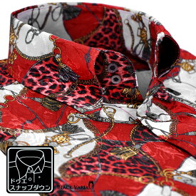 サテンシャツ ドレスシャツ メンズ ドゥエボットーニ チェーン柄 豹柄 スナップダウン ジャガード 日本製 パーティー(レッド赤) 181718