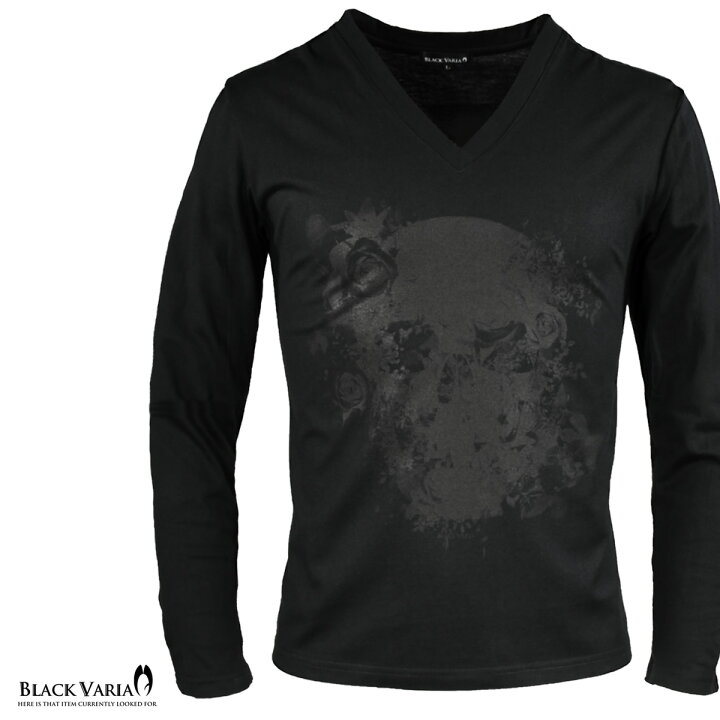 楽天市場】ブラックプリント Tシャツ 長袖 Vネック スカル ドクロ 薔薇 