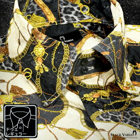 サテンシャツ ドレスシャツ メンズ ドゥエボットーニ チェーン柄 豹柄 レギュラーカラー ジャガード 日本製 パーティー mens ファッション おしゃれ (ゴールド金ブラック黒) 181718