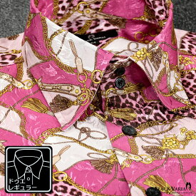 サテンシャツ ドレスシャツ メンズ ドゥエボットーニ チェーン柄 豹柄 レギュラーカラー ジャガード 日本製 パーティー mens ファッション おしゃれ (ピンク桃) 181718