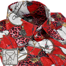 サテンシャツ ドレスシャツ メンズ ドゥエボットーニ チェーン柄 豹柄 レギュラーカラー ジャガード 日本製 パーティー(レッド赤) 181718