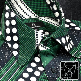サテンシャツ ドレスシャツ メンズ ドゥエボットーニ 幾何柄 水玉 ストライプ レギュラーカラー ジャガード 日本製 パーティー mens ファッション おしゃれ (グリーン緑ブラック黒) 181719