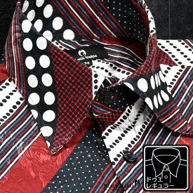 サテンシャツ ドレスシャツ メンズ ドゥエボットーニ 幾何柄 水玉 ストライプ レギュラーカラー ジャガード 日本製 パーティー mens ファッション おしゃれ (レッド赤ブラック黒) 181719