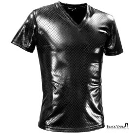 Tシャツ Vネック 格子 幾何柄 光沢 ダイヤ柄 日本製 半袖 mens メンズ ファッション おしゃれ (ブラック黒) 193203