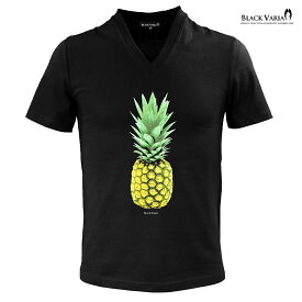Tシャツ 半袖 パイナップル 果物 フルーツ Vネック スリム 細身 メンズ ファッション おしゃれ (ブラック黒カラー) zkk060