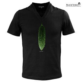 Tシャツ 半袖 ゴーヤ 野菜 ベジタブル Vネック スリム 細身 メンズ ファッション おしゃれ (ブラック黒) zkk063