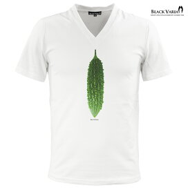 Tシャツ 半袖 ゴーヤ 野菜 ベジタブル Vネック スリム 細身 メンズ ファッション おしゃれ (ホワイト白) zkk063