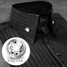BLACK VARIA ブラックバリア blackvaria サテンシャツ スワロフスキー釦 ドレスシャツ スキッパー 襟高 ストライプ メンズ ジャガード ボタンダウン スリム 細身 長袖 シンプル 日本製 無地 mens ファッション おしゃれ 柄シャツ 派手 (ブラック黒) 191852