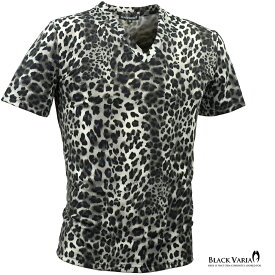 Tシャツ ヒョウ 豹 Vネック メンズ レオパード 日本製 スリム 半袖Tシャツ mens ファッション おしゃれ (ブラック黒グレー) 193802