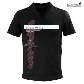 Tシャツ 半袖 ボックスロゴ バラ 花柄 薔薇 Vネック スリム 細身 メンズ ファッション おしゃれ (ブラック黒) zkk070