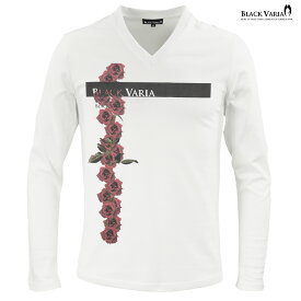 Tシャツ 長袖 ボックスロゴ バラ 花柄 薔薇 Vネック スリム 細身 メンズ ファッション おしゃれ (ホワイト白) zkk070ls