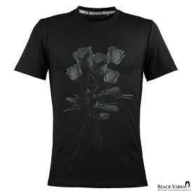 薔薇 バラ柄 花柄 クルーネック 丸首 半袖 プリント Tシャツ メンズ スリム 細身 mens ファッション おしゃれ (ブラック黒ホワイト白) crzkk025