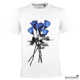 薔薇 バラ柄 花柄 クルーネック 丸首 半袖 プリント Tシャツ メンズ スリム 細身 mens ファッション おしゃれ (ホワイト白ブルー青) crzkk025