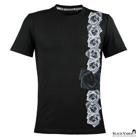 Tシャツ 薔薇 バラ 花柄 クルーネック 丸首 半袖Tシャツ メンズ スリム 細身 mens ファッション おしゃれ (ブラック黒) crzkk014