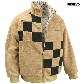 ボアジャケット ビッグシルエット メンズ アウター スタンドカラー チェッカーフラッグ柄 フルジップアップ mens ファッション おしゃれ (ベージュ茶) 05505