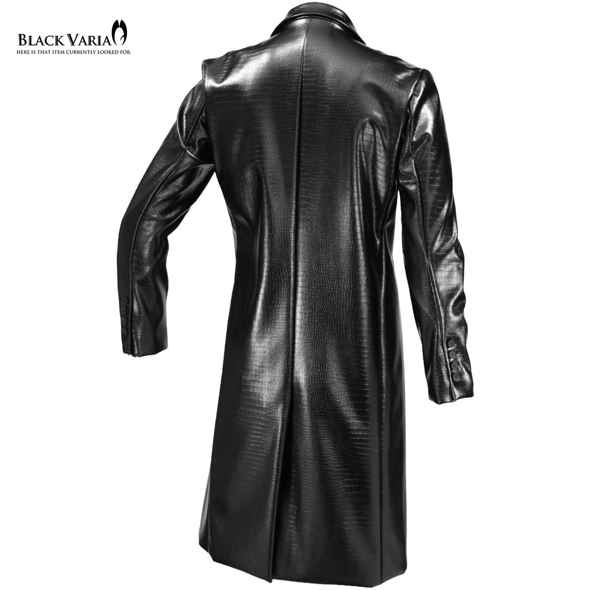 ロングコート クロコダイル メンズ シングル アウター PUレザー チェスターコート mens(ブラック黒) 202902 | BLACK  VARIA／ブラックバリア