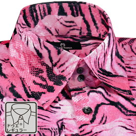 サテンシャツ ドゥエボットーニ タイガー柄 ドレスシャツ レギュラーカラー ジャガード パーティー メンズ mens ファッション おしゃれ (ピンク桃) 211201