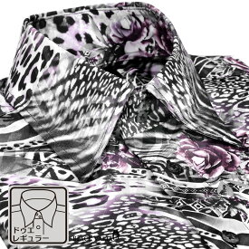 サテンシャツ ドゥエボットーニ ゼブラ 薔薇 豹柄 ドレスシャツ レギュラーカラー ジャガード パーティー メンズ mens ファッション(パープル紫) 211803