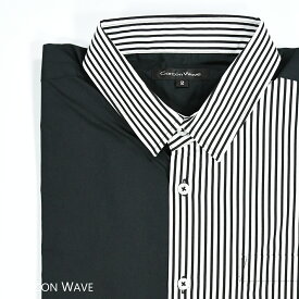 ストライプ アシンメトリー ブロード カジュアル 長袖 シャツ ファッション おしゃれ (ブラック黒ストライプ) gwa2085