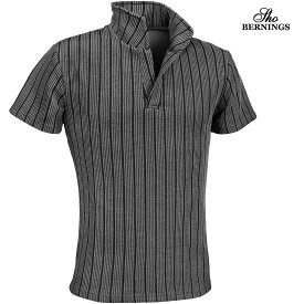 ポロシャツ イタリアンカラー ストライプ柄 メンズ スキッパー 半袖 襟ワイヤー ストレッチ ポロ mens(グレー灰) 304222