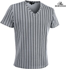Tシャツ Vネック ストライプ柄 メンズ シンプル 半袖 mens(ホワイト白ブラック黒) 303922