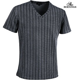 Tシャツ Vネック ストライプ柄 メンズ シンプル 半袖 mens(グレー灰ブラック黒) 303922