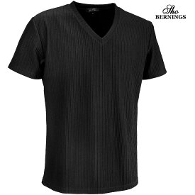 Tシャツ Vネック ストライプ柄 ジャガード メンズ シンプル 半袖 mens(ブラック黒) 317932