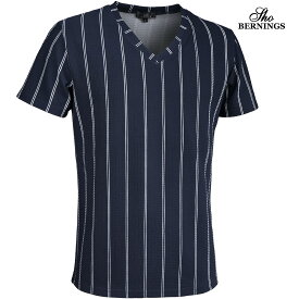 Tシャツ Vネック ストライプ柄 メンズ シンプル 半袖 mens(ネイビー紺) 319032
