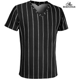 Tシャツ Vネック ストライプ柄 メンズ シンプル 半袖 mens(ブラック黒) 319032