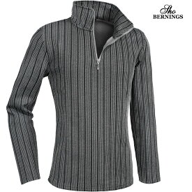ポロシャツ ハーフジップ 長袖 ストライプ柄 メンズ シンプル ロンT mens(グレー灰×ブラック黒) 334033