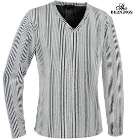 Tシャツ 長袖 Vネック ストライプ柄 ジャガード メンズ シンプル ロンT mens(ホワイト白×ブラック黒) 370723