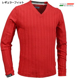 VIOLA rumore ヴィオラ ビオラ Tシャツ Vネック ストライプジャガード メンズ シンプル 長袖Tシャツ mens(レッド赤) 31200