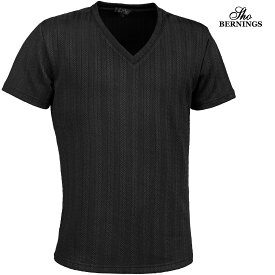 Tシャツ Vネック ヘリンボーン柄 メンズ シンプル 半袖 無地 mens ファッション おしゃれ(ブラック黒) 341842