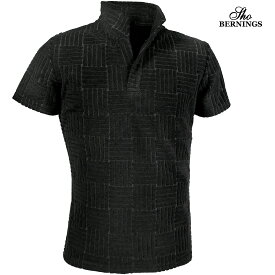 ポロシャツ イタリアンカラー パイル素材 タオル地 メンズ スキッパー 半袖 襟ワイヤー ストレッチ ポロ mens(ブラック黒) 342442