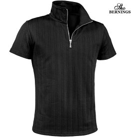 ポロシャツ ハーフジップ ヘリンボーン メンズ 半袖 ストレッチ Tシャツ mens(ブラック黒) 342742