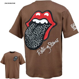 ローリングストーンズ THE ROLLING STONES Tシャツ 半袖 アニマルファー リップアンドタン パッチワーク メンズ クルーネック mens ロック バンド コラボTシャツ (ブラウン茶ヒョウ柄) 523563